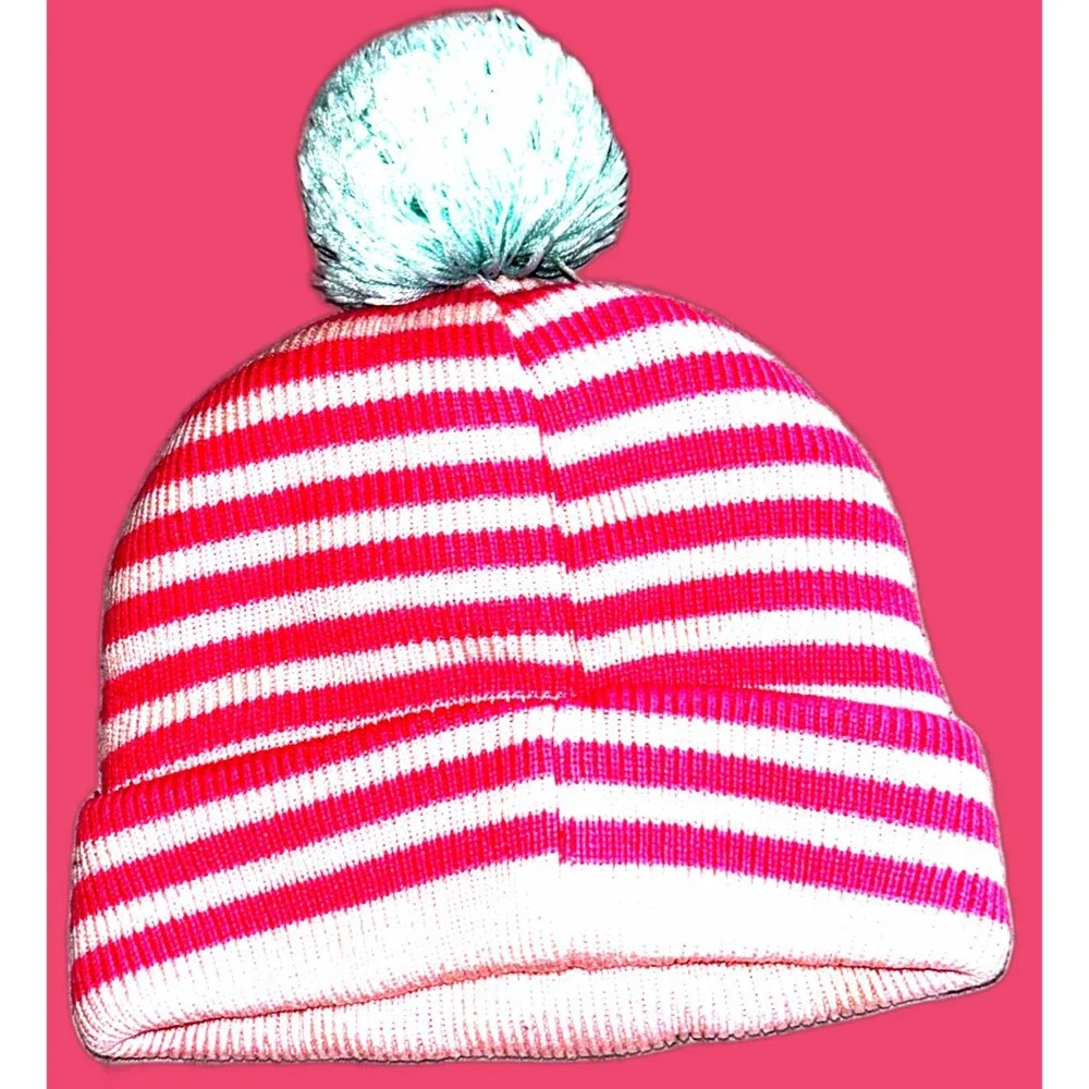 Girl’s Pink and White Striped Beanie with Face Graphic and Zippered Mouth